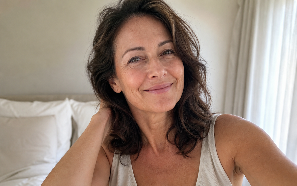 Happy woman in her late 40s enjoying a comfortable morning after sleep