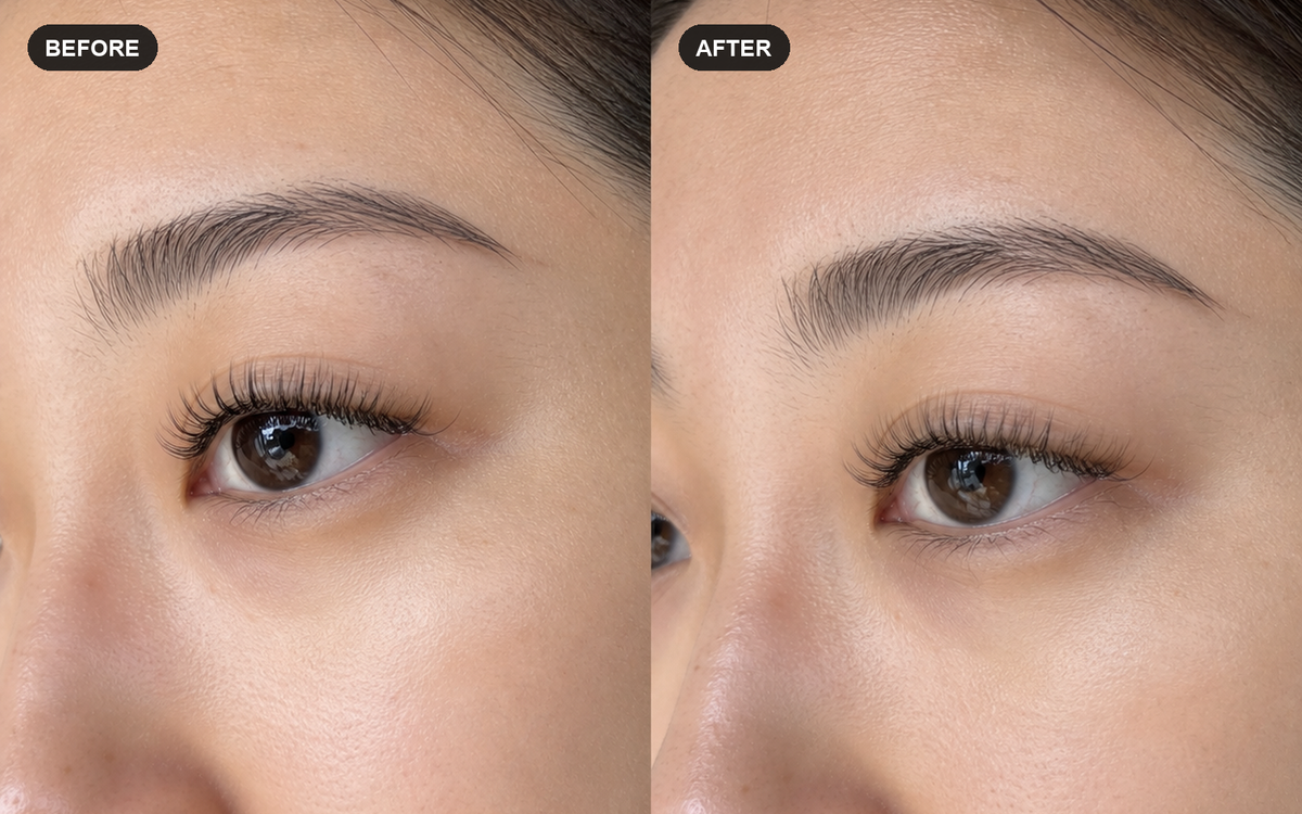 Close-up illustrative before and after comparison focused on lash extensions