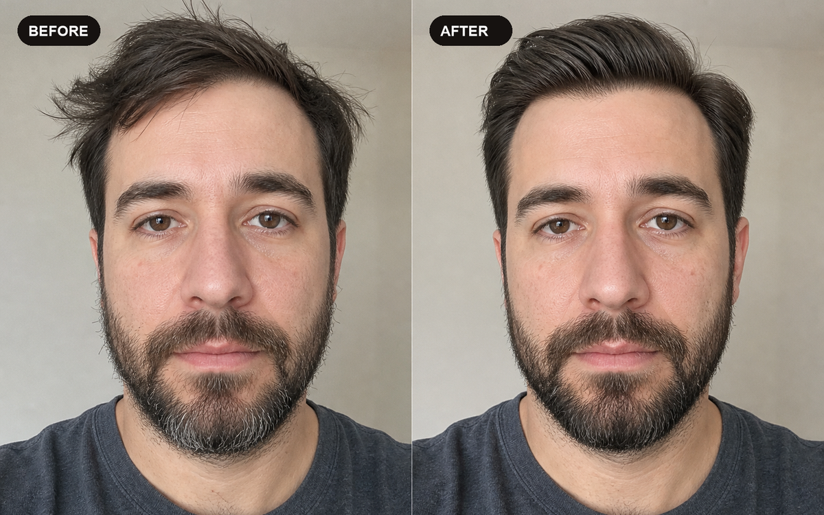 Illustrative before and after comparison focused on morning hair and beard grooming